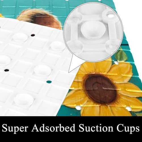 Shower Mat Non Slip, Cow Sunflower on Teal Plank Anti Slip Bath Mat - Image 3