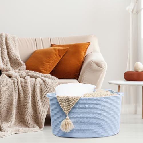 XUANGUO Large Rectangle Woven Cotton Rope Blanket Basket 22"x17"x12" Blue - Image 4