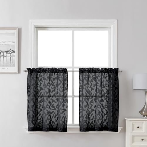 Lecloud Leia Black Kitchen Sheer Curtains 24 Inch 2 Pcs, Jacquard Leaf Textured by Lecloud