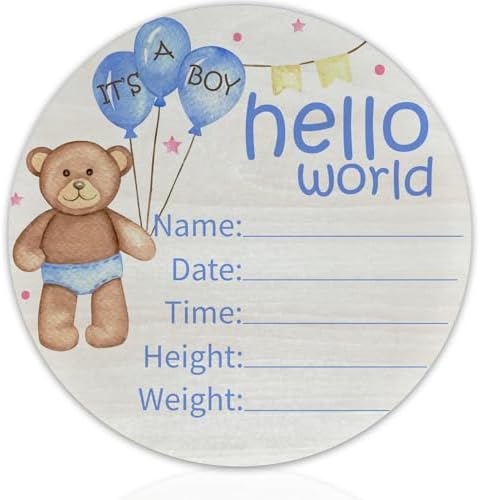 Birth Announcement Sign Hello World Baby Name Wood Blue Bear Theme by Unknown