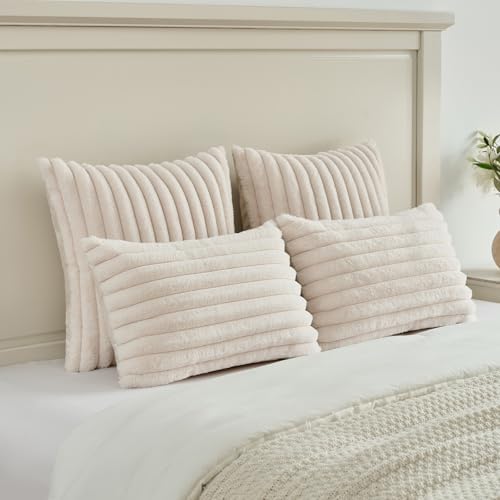 FUTEI Pack of 2 Faux Fur Throw Pillow Covers 18x18 Inch, Light Beige - Image 5