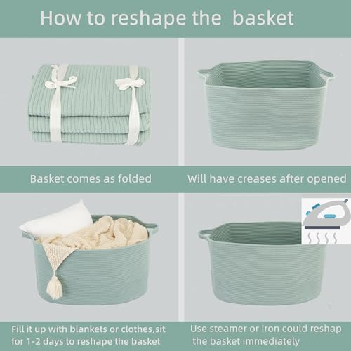XUANGUO Large Rectangle Woven Cotton Rope Blanket Basket 22"x17"x12" Green - Image 7