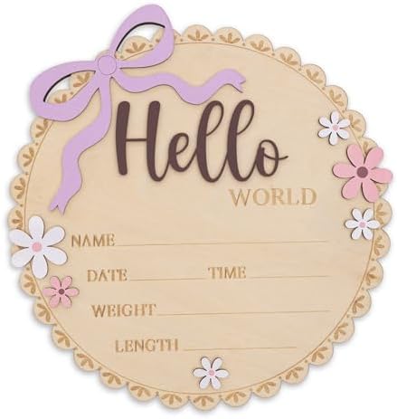Hello World Wooden Baby Birth Announcement Sign, Baby Girl Nursery Decor Photo by TTMerriwood