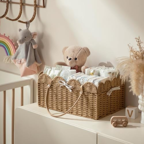 HBlife Large Baby Diaper Caddy, Paper Rope Scalloped Storage Baskets Nursery Bin - Image 3