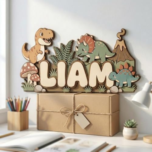 Personalized Dinosaur Name Sign, Custom Baby Nursery Wall Decor, Cartoon Dino by HANZSPROUT