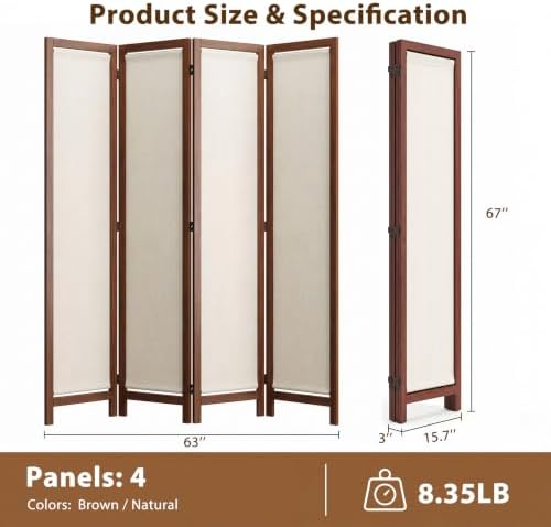 Wood Room Divider Panel with Linen Fabric, Boho Folding Privacy Screen 67" - Image 6