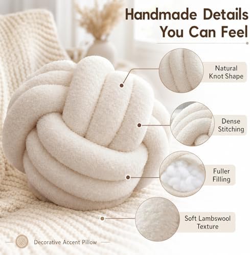 Petrella Beige Knot Pillow Ball, 11 Inch Round Decorative Pillow - Image 4