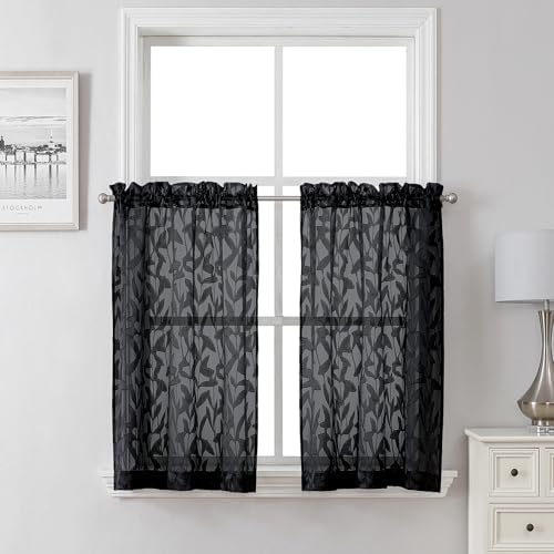 Lecloud Leia Black Sheer Kitchen Curtains 36 Inch Length 2 Panels, Jacquard by Lecloud
