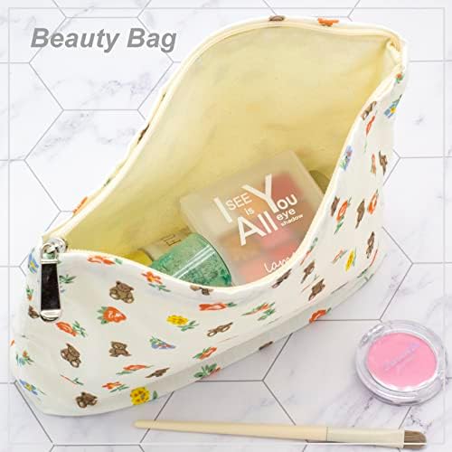Flat Makeup Bag for Women, Zipper Cosmetic Pouch for Purse, Flower Bear White - Image 3