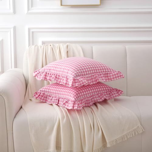 2 Pack Pink White Gingham Ruffle Throw Pillow Covers 18''x18'' - Image 3