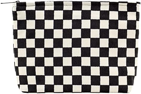 Flat Makeup Bag for Women, Zipper Cosmetic Pouch for Purse, Checkered Black by PAZIMIIK