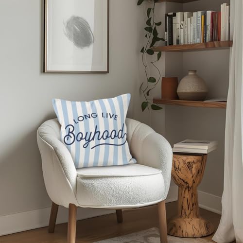 Boys Room Decor Pillow Covers 18x18, Long Live Boyhood Blue Striped Decorative - Image 5