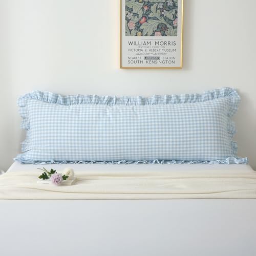 Light Blue White Gingham Ruffle Body Pillow Cover 20"x54" by KMASANIJI