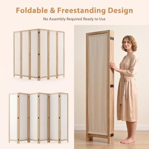 Wood Room Divider Panel with Linen Fabric, Boho Folding Privacy Screen 67" - Image 3