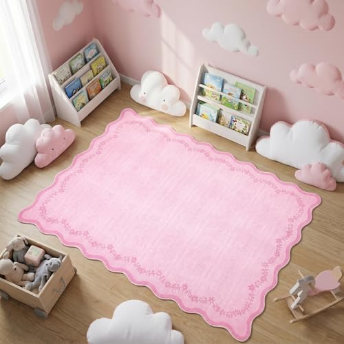 GarveeHome 4x6 Scalloped Washable Area Rug Pink Nursery Kids Bedroom Rug - Image 2