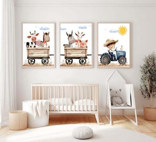 3Pcs Cute Farm Animals Wall Art Nursery Cartoon Watercolor Animal Painting - Image 5
