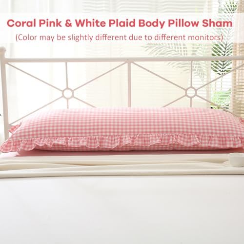 Coral Pink White Plaid Ruffled Gingham Body Pillow Cover, 100% Washed Cotton - Image 2