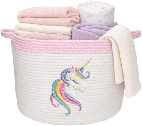Unicorn Baby Storage Basket, Woven Cotton Rope Nursery Bin, 15x11 in by KeminaBlankets