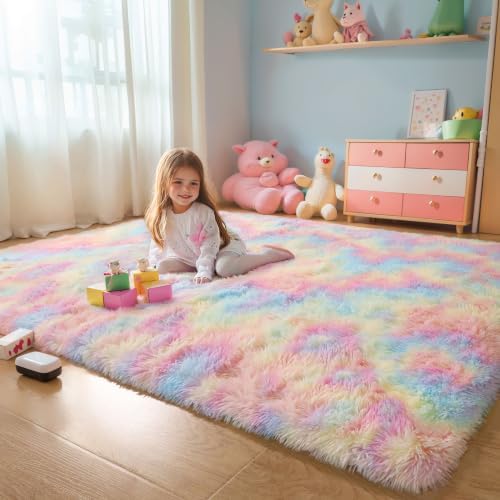KICHOWUA 4x6 Fluffy Fuzzy Kids Shag Rainbow Rug by KICHOWUA