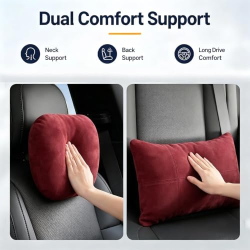 2 PCS Car Pillow for Driving Seat Soft Suede Headrest Neck & Lumbar Support - Image 2