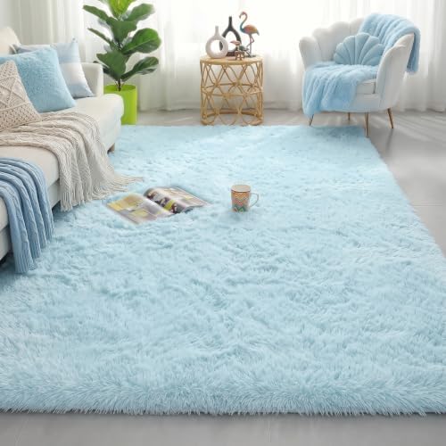 Amdrebio Light Blue Furry Shag Area Rug 5x7 by Amdrebio