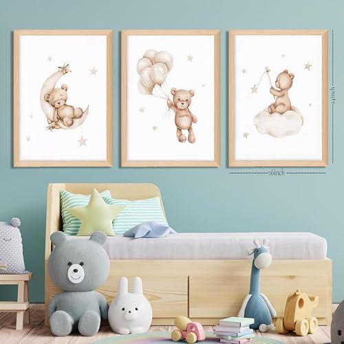 Framed Teddy Bear Wall Art Nursery Decor Set of 3, Bear Sleeping on The Moon - Image 3