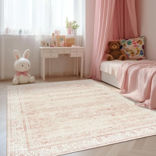 Light Pink Bedroom Rug 6x9 Vintage Boho Floral Low Pile Rugs - Image 2