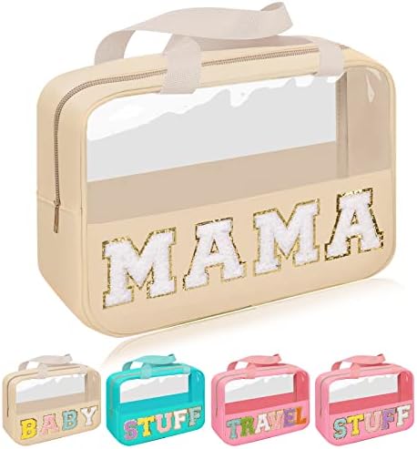 Iqimott Chenille Letter Patch Mama Bag, Preppy Clear Makeup Cosmetic Bag Large by Iqimott