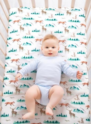 4 Pack Woodland Forest Animals Wood Neutral Unisex Fitted Baby Crib Sheets Set - Image 3