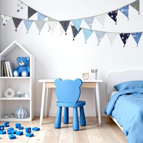 G2PLUS 10.8Ft Cotton Triangle Bunting Banner – 12pcs Blue and Gray Fabric - Image 5