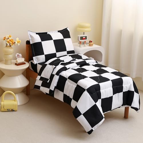 Caressma Checkered Toddler Bedding Set Black White Plaid Comforter Set - Image 2
