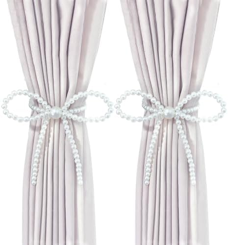 Pearl Bow Magnetic Curtain Tiebacks 2 Pack, No Drill Curtain Holdbacks by Aimery
