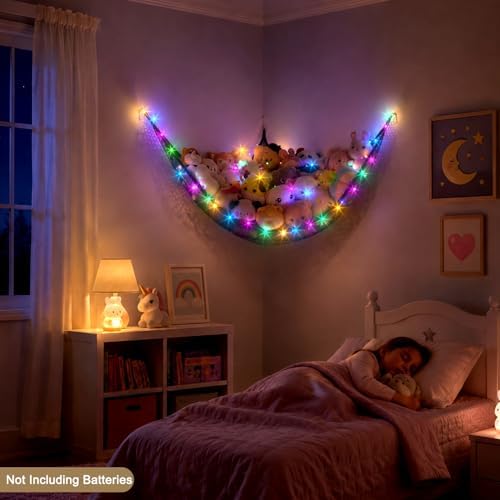 Stuffed Animals Hammock with LED Light Toy Net Room Decor Corner Storage - Image 3