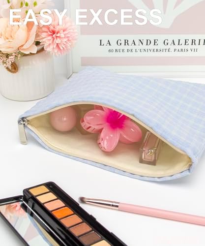 Flat Makeup Bag for Women, Zipper Cosmetic Pouch for Purse, Grid Blue - Image 2
