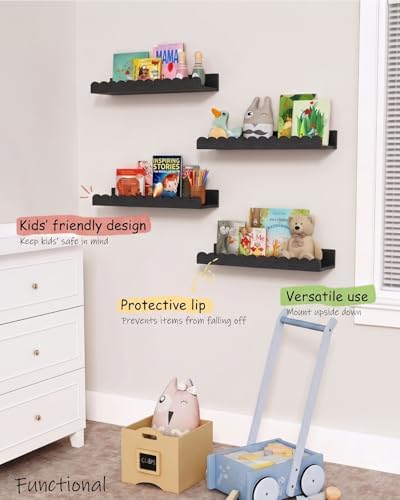 Black Nursery Floating Shelves for Wall, Scalloped Book Shelf for Kids Room - Image 3