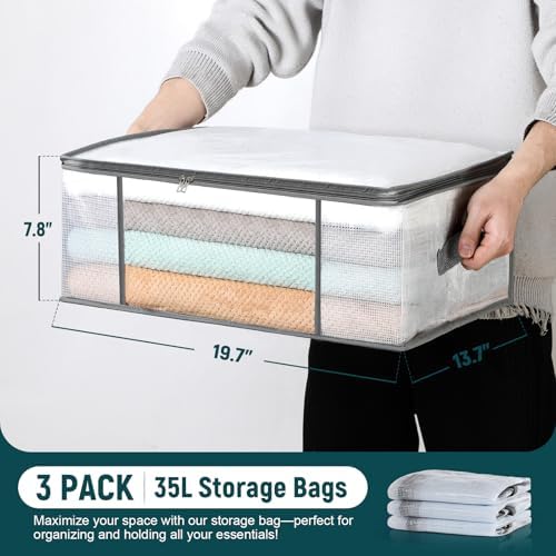 LANDNEOO 3-Pack Clothes Storage Bags, Plastic Foldable Blanket Storage bins - Image 2