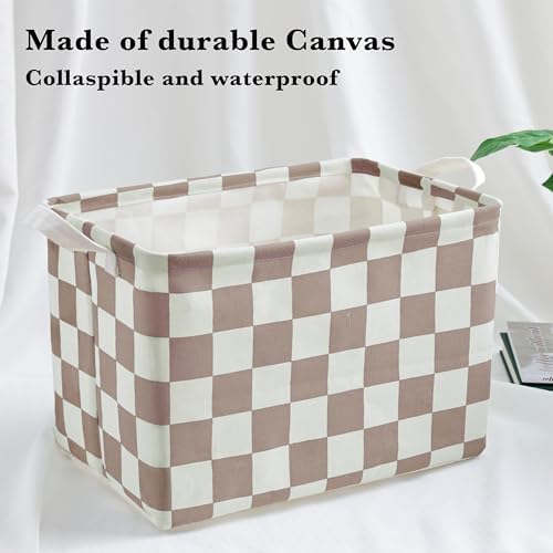 Ohocut Khaki White Checkered Canvas Basket, Rectangular Organizing Decorative - Image 5
