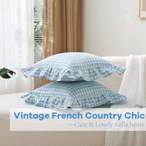 2 Pack Light Blue Gingham Ruffle Throw Pillow Covers 18''x18'' - Image 6