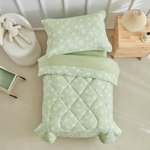 DuShow Green Floral Toddler Bedding Set, 4 Pieces Toddler Crib Bed Sheet Set - Image 5