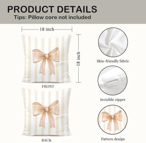Beige Bow Decorative Throw Pillow 18x18 Inch – Cute Blush Pink Striped Pillow - Image 2