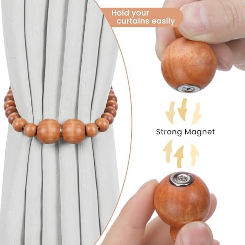 KLOGTSIND Magnetic Curtain Tiebacks, 6 Pack Wood Bead Curtain Holdbacks - Image 2