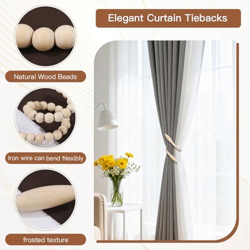 Wood Bead Curtain Tiebacks 2 Pack, No Drill Curtain Holdbacks - Image 3