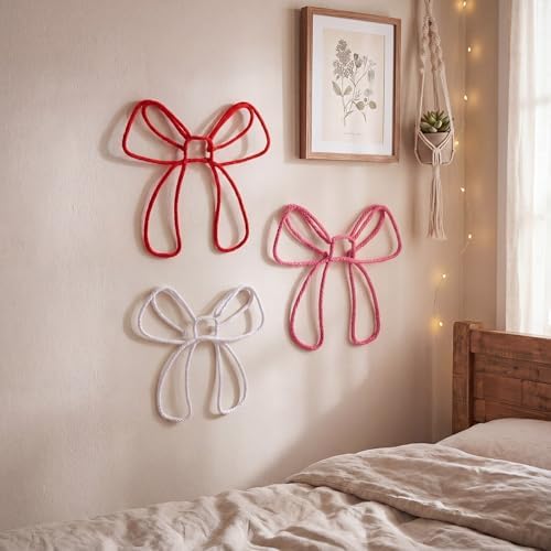 Wesiti 3 Pcs Bow Wall Decor Pink Red White Bow Nursery Decor 7.87-9.84 Knitted - Image 4