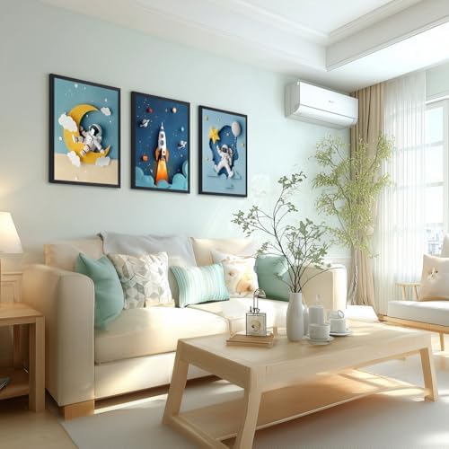 PORENY Astronaut Nursery Wall Art Set of 3, Rocket Moon Planet Canvas Prints - Image 3