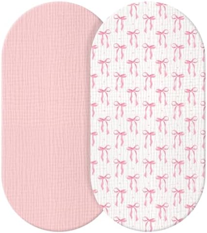 Breling 2 Pcs Muslin Pink and Pink Bow Baby Bassinet Sheets by Breling