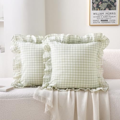 2 Pack Pile Green Gingham Ruffle Throw Pillow Covers 18''x18'' by KMASANIJI