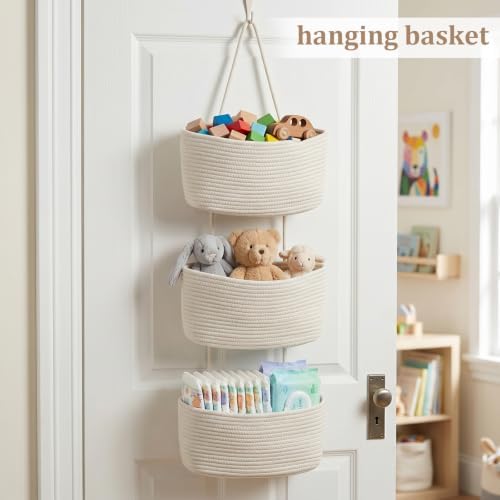 TeoKJ Over the Door Hanging Basket, 3-Tier Woven Cotton Wall-Mounted Storage - Image 4