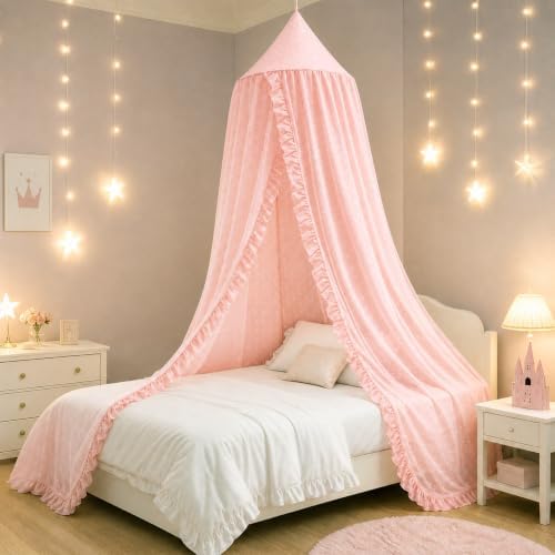 Mengesi Bed Canopy with Pom Pom- Lace Chiffon Canopy Bed Curtains, Ruffles by Mengersi