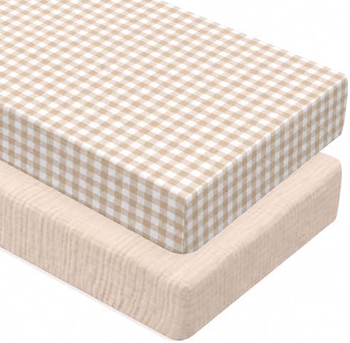 Breling 2 Pcs Muslin Khaki and Khaki Gingham Crib Sheets Netural by Breling
