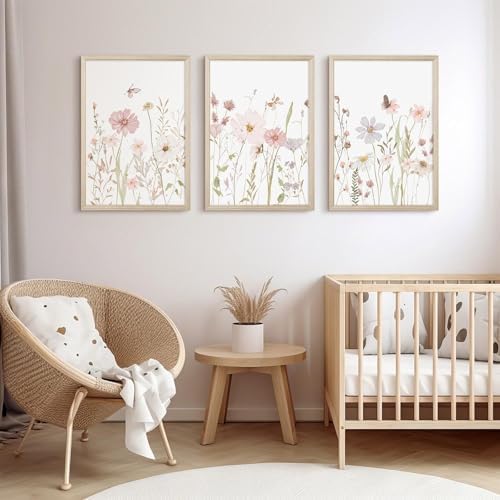 Wildflower Nursery Wall Art Pink Watercolor Floral Painting Baby Girl Nursery - Image 3